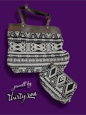 Thirty-One Jewell Rio Weave Tote & Matching Zipper Pouch Set Boho Aztec